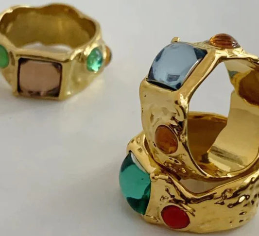 Anillos gruesos de vidrio colorido dorado vintage para damas