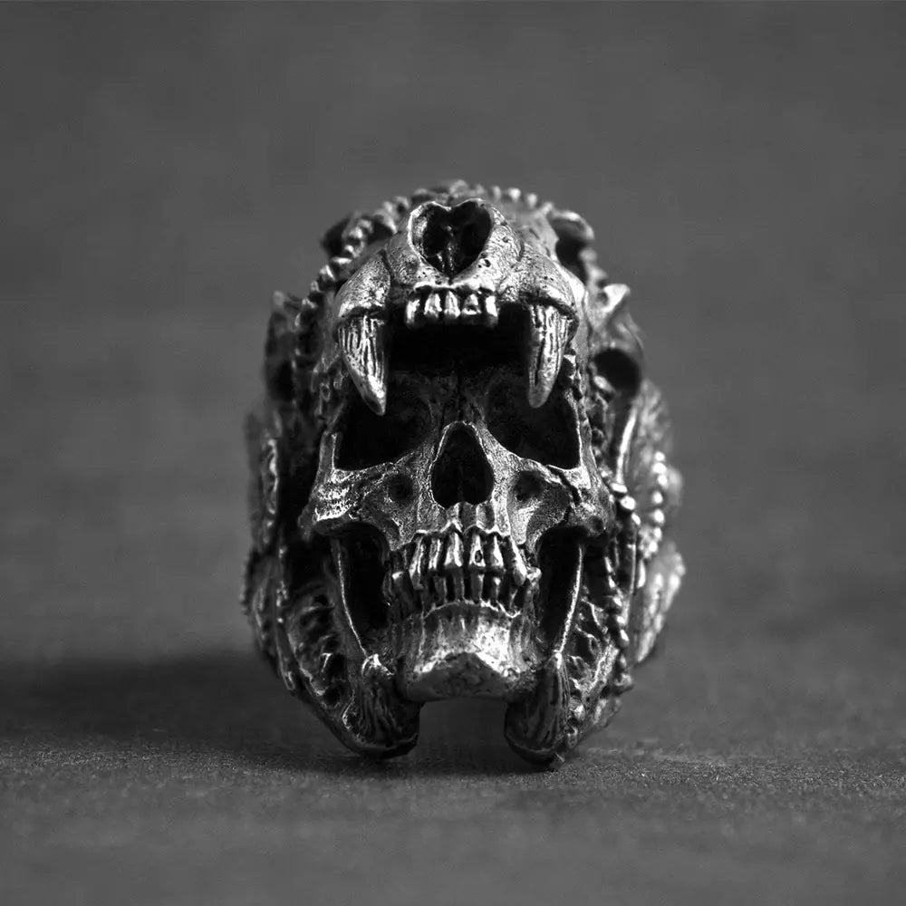 Anillo cráneo de guerrero jaguar indio vintage