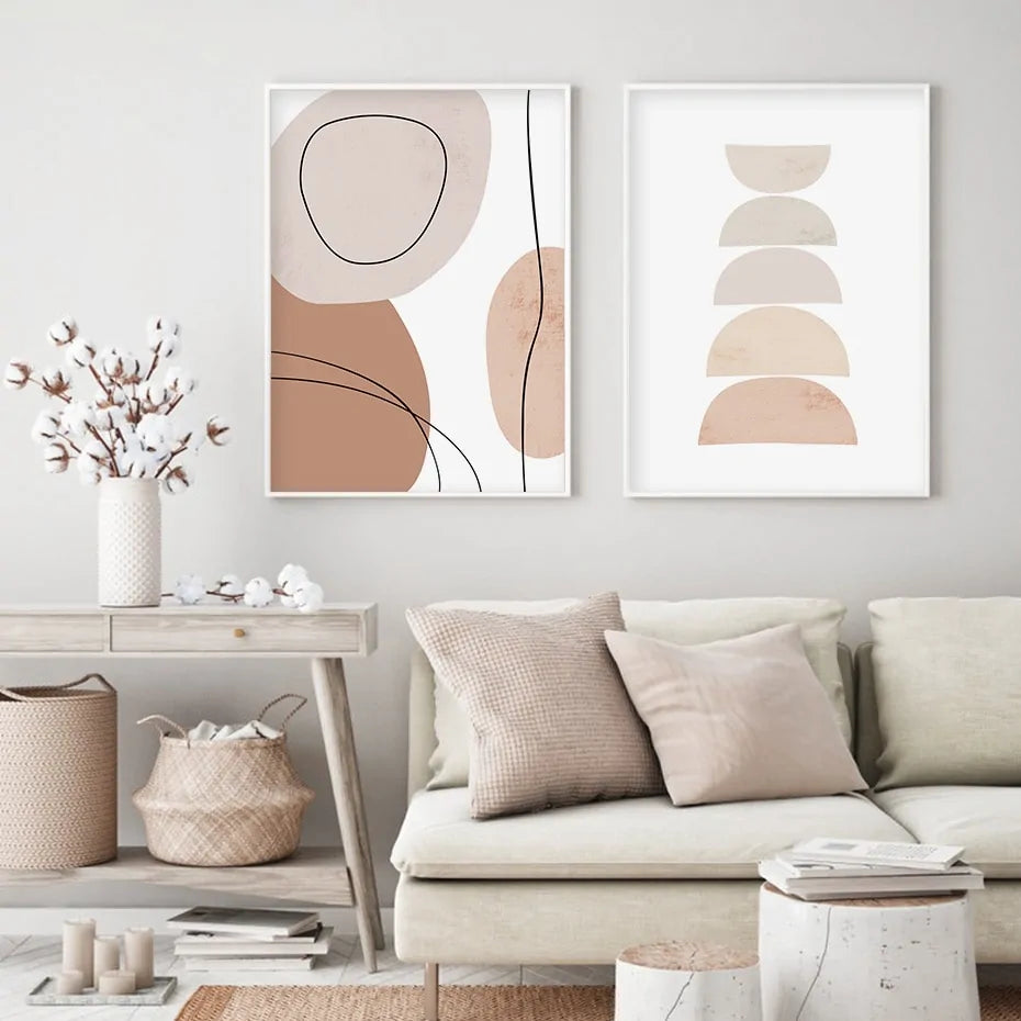 Abstract Geometric Beige Boho Style Canvas Wall Art Painting